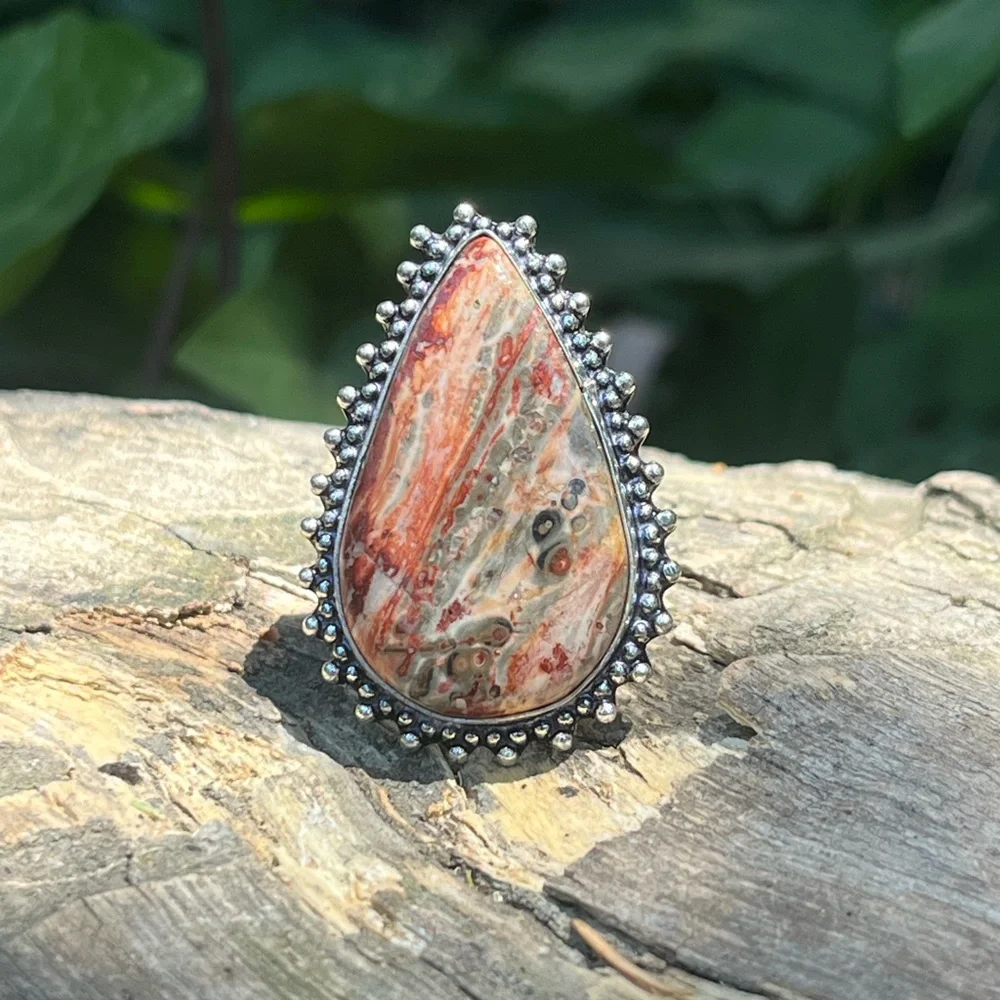 Size 8.25 925‎ silver plated leopard skin jasper ring